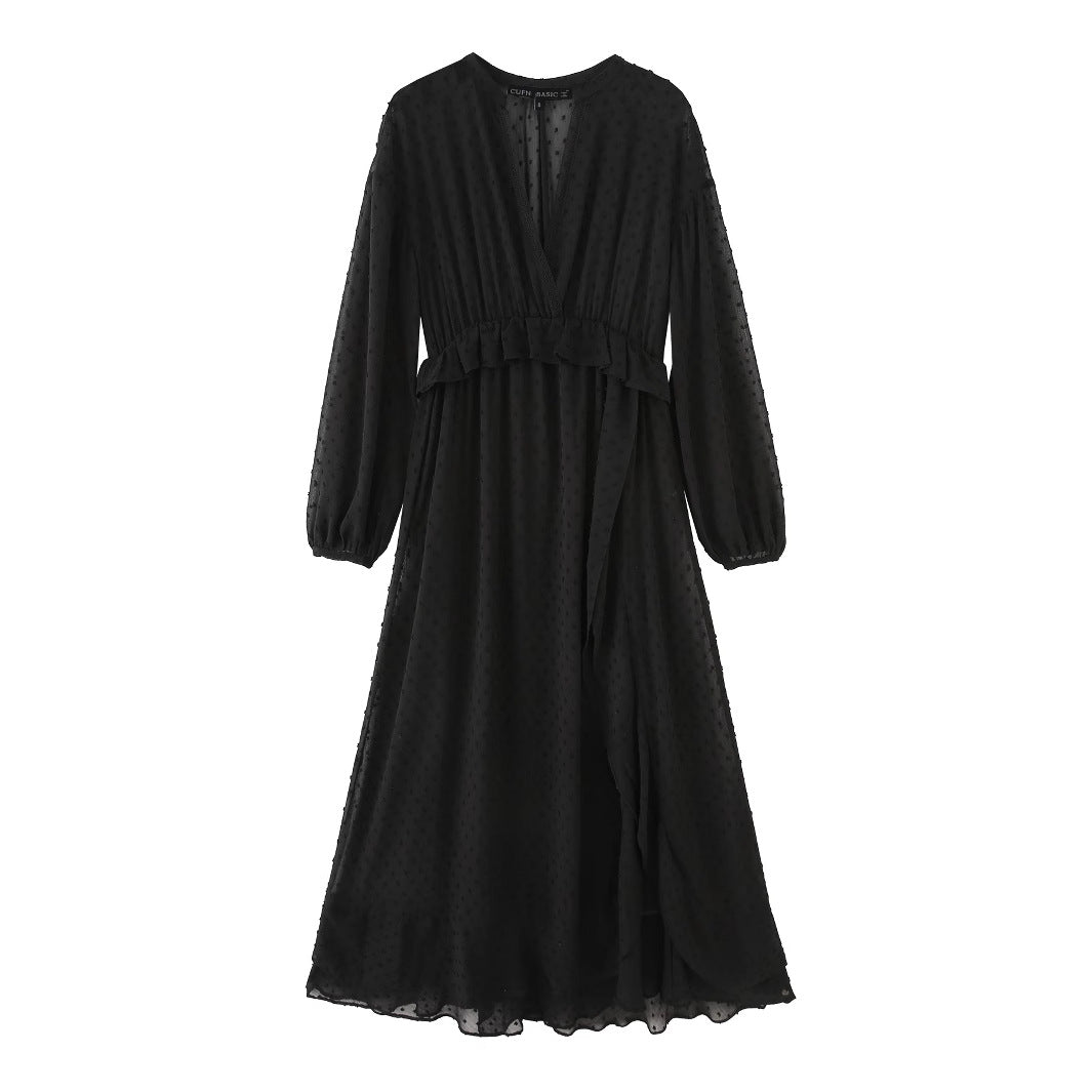 Damen nan luftiges Chiffon Midikleid mit V-Ausschnitt und Volantbund Drune