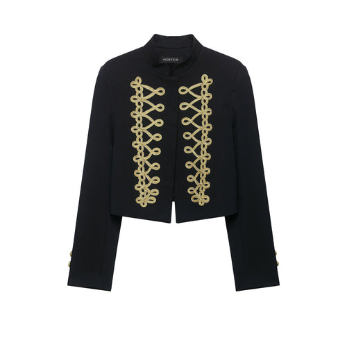 Damen Cropped Militärinspirierte Kurzjacke mit dekorativer Goldborte Drune