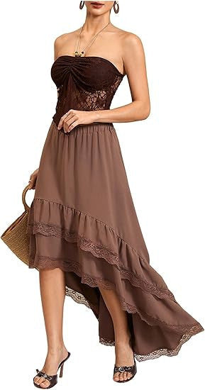 Damen Boho Maxi-Rock mit asymmetrischem Saum und Spitzenverzierungen Drune