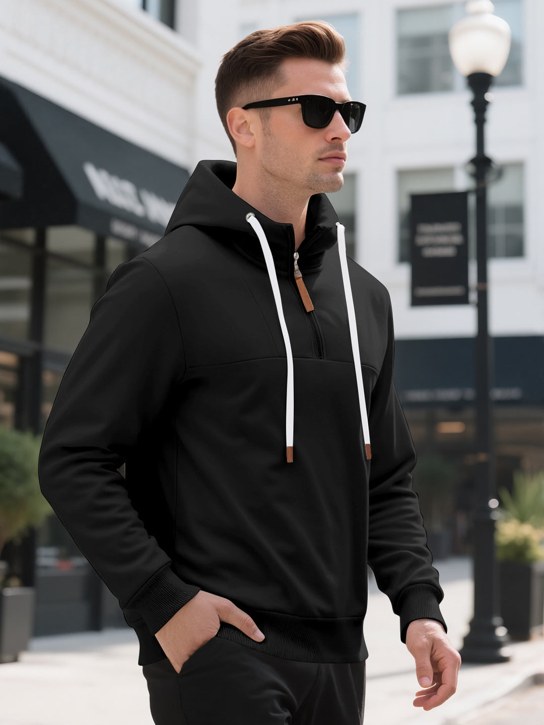 Herren Halbzip-Kapuzenpullover mit Stehkragen, Kordelzug und Lederdetails Drune