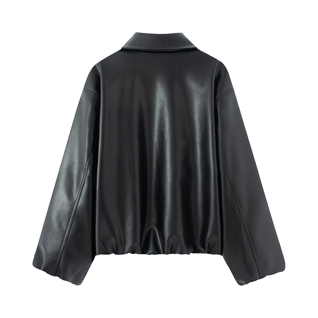 Damen nan kastiger Oversized Kunstlederblouson mit Hemdkragen, verdecktem Reißverschluss, verdeckten Leisten- taschen und elastischem Saum Drune