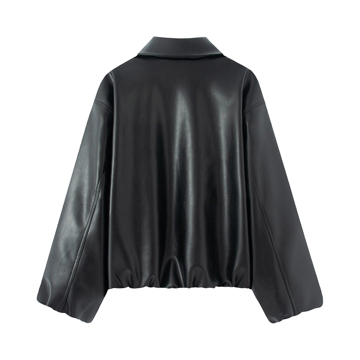 Damen nan kastiger Oversized Kunstlederblouson mit Hemdkragen, verdecktem Reißverschluss, verdeckten Leisten- taschen und elastischem Saum Drune