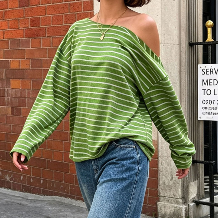 Damen Oversize-Langarmshirt mit breitem Ausschnitt, maritimem Streifen und relaxed Fit Drune