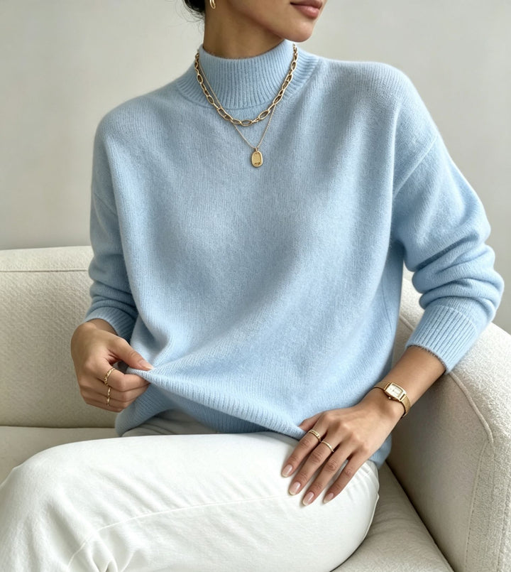 Damen kuscheliger Feinstrickpullover mit Stehkragen und überschnittener Schulter Drune