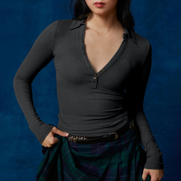 Damen Langarmshirt mit modischem Kragen und Knopfleiste Drune