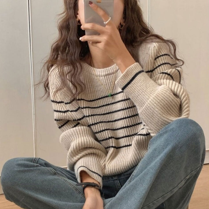 Damen Grobstrickpullover mit gestreiftem Design und lässigem Schnitt Drune