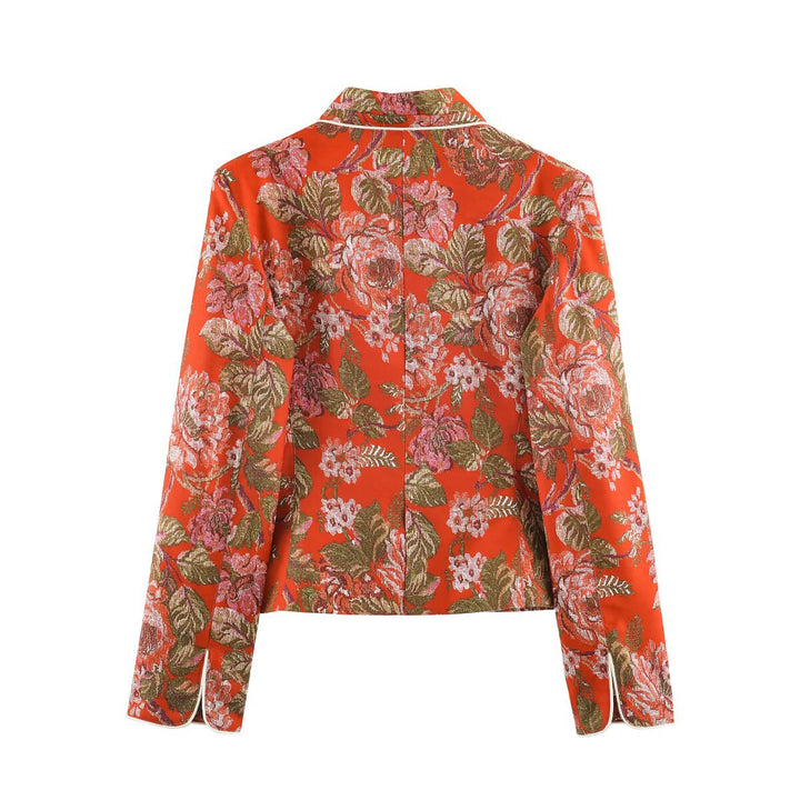 Damen Kurze Jacquard-Blazerjacke mit Blumenmuster und Stehkragen Drune