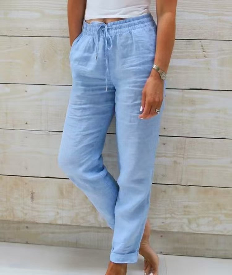 Damen nan lässige Leinenhose mit elastischem Bund Kordelzug und Seitentaschen Drune