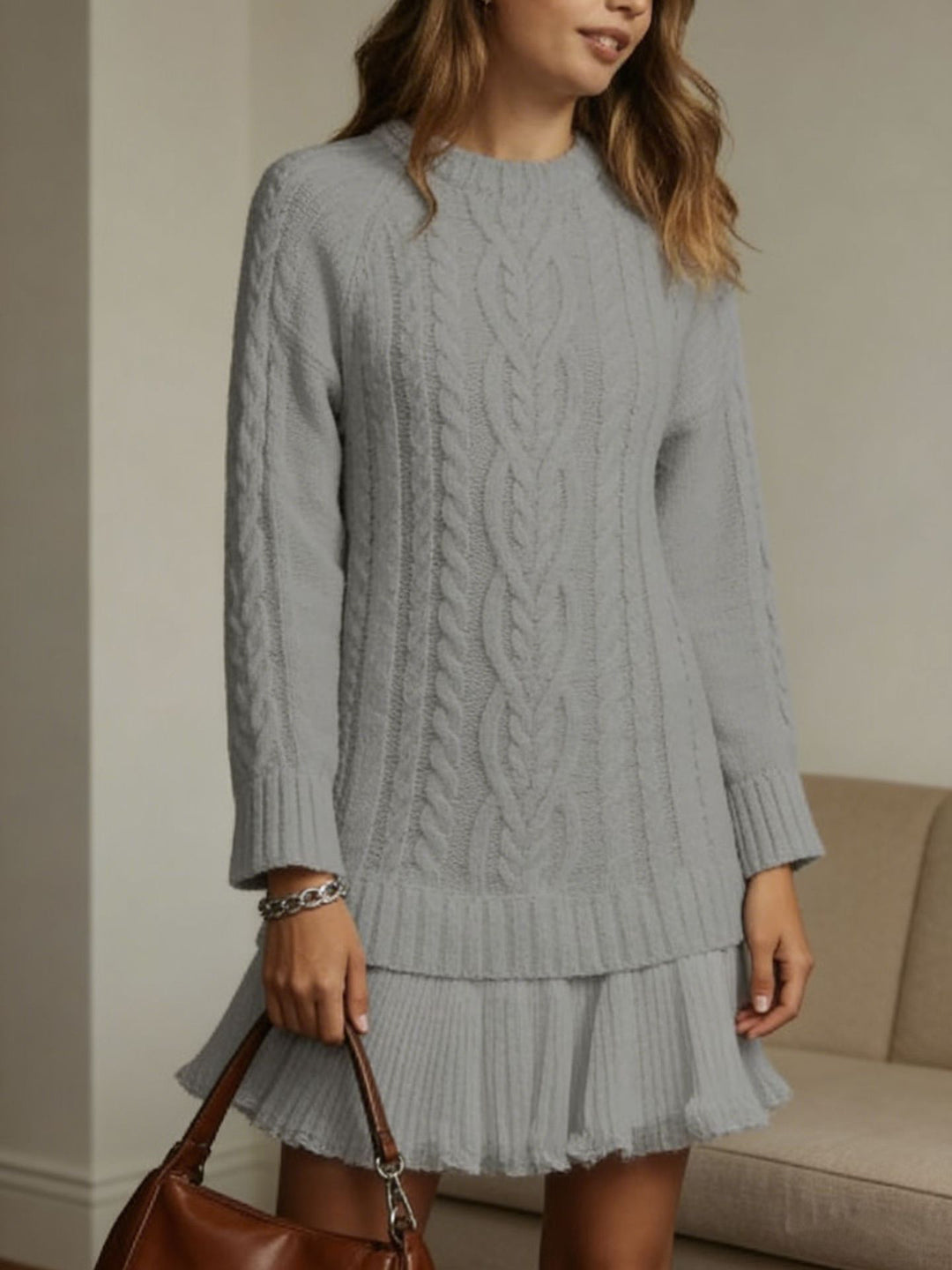Damen Langer Zopfstrick-Pulloverkleid mit Rundhals Drune