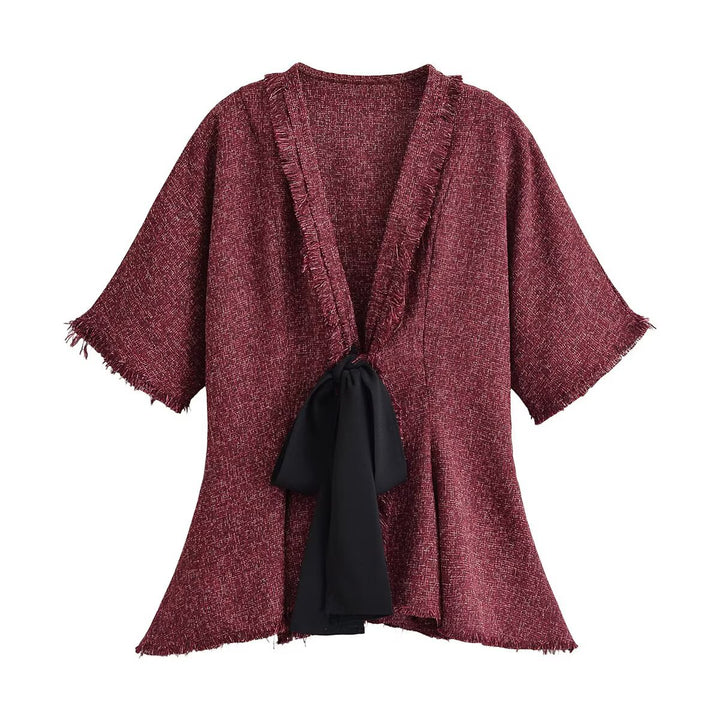 Damen Tweed-Kimonojacke mit Fransenbesatz und dekorativem Bindeschal Drune