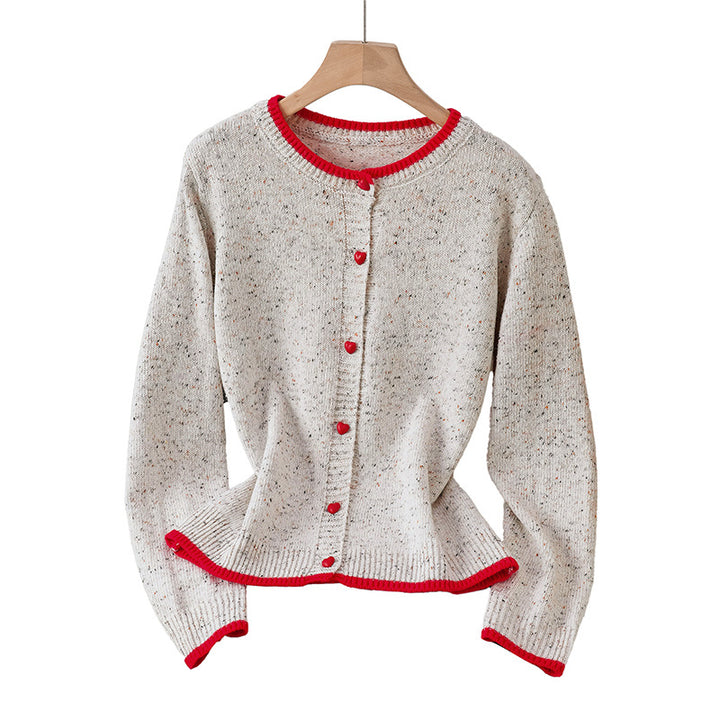 Damen Gesprenkelte Strickjacke mit Kontrastkanten und Herzknöpfen Drune