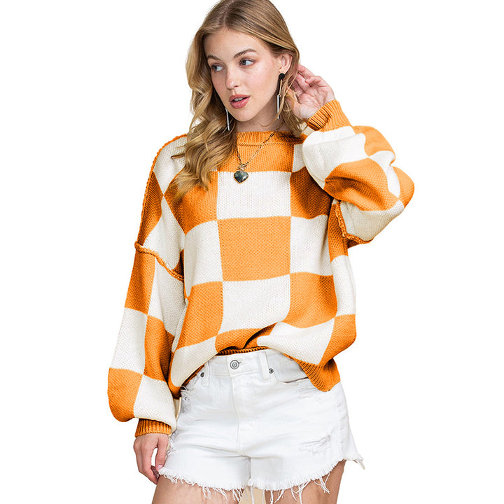 Damen Oversized Pullover mit Karomuster und voluminösen Ärmeln Drune