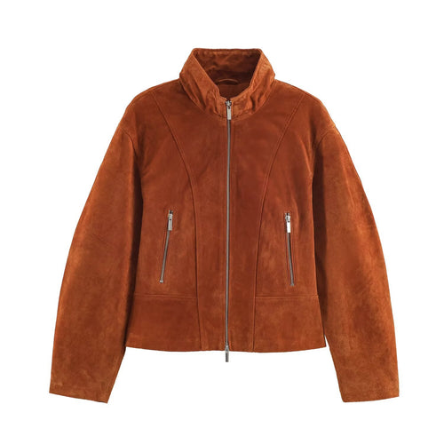 Damen Kurz geschnittene Wildlederjacke im Blouson‑Stil mit taillierten Abnähern und Metallreißverschlüssen Drune