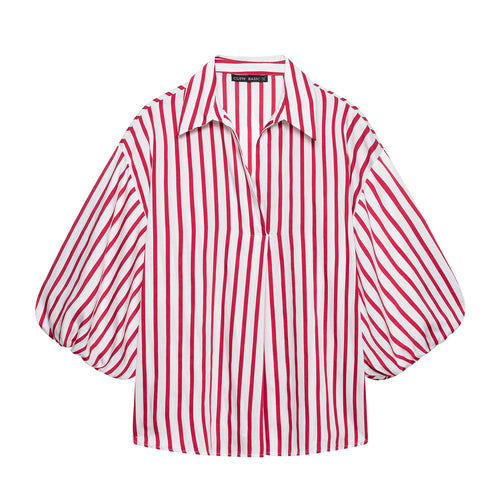 Damen Gestreifte Oversize-Bluse mit Ballonärmeln Drune
