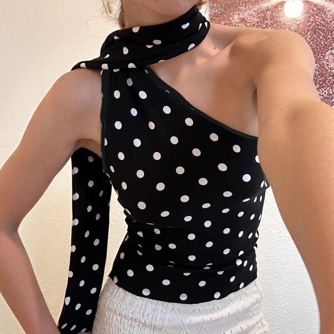 Damen Off-Shoulder Blusenshirt mit asymmetrischem Design und verspieltem Punktmuster Drune