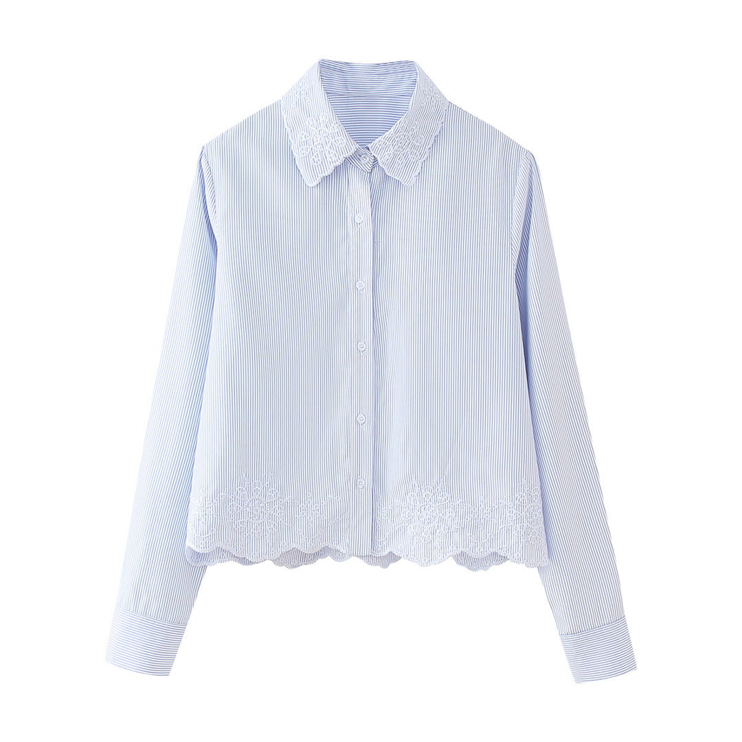 Damen nan gestreifte Hemdbluse mit Spitzenkragen und besticktem Wellenabschluss Drune