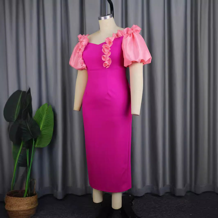Damen figurbetontes Abendkleid mit voluminösen Rüschenärmeln Drune