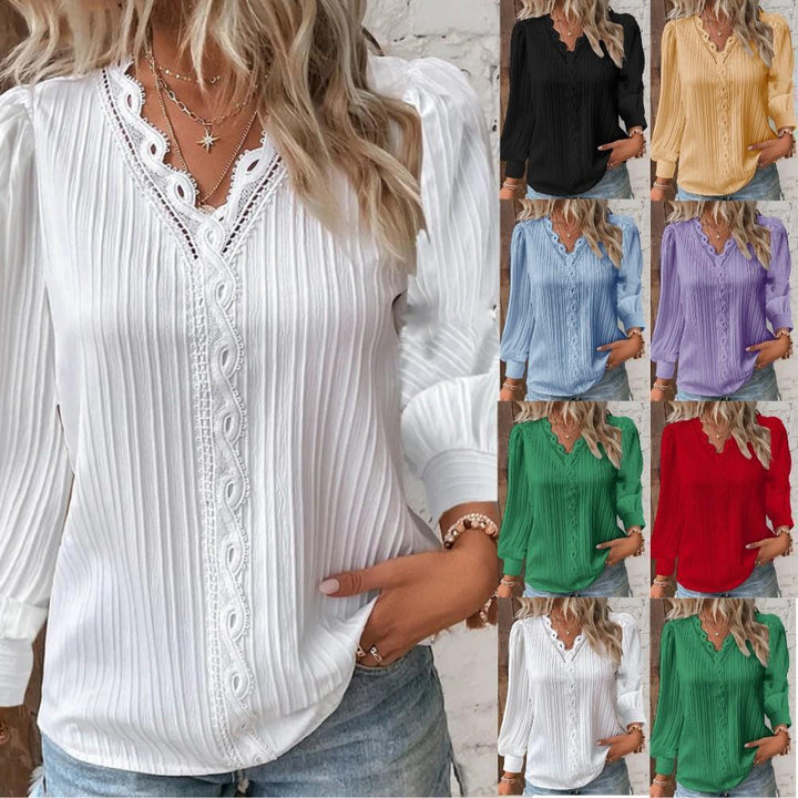 Damen nan romantische V-Ausschnitt Spitzenbluse mit Plissee und Puffärmeln Drune