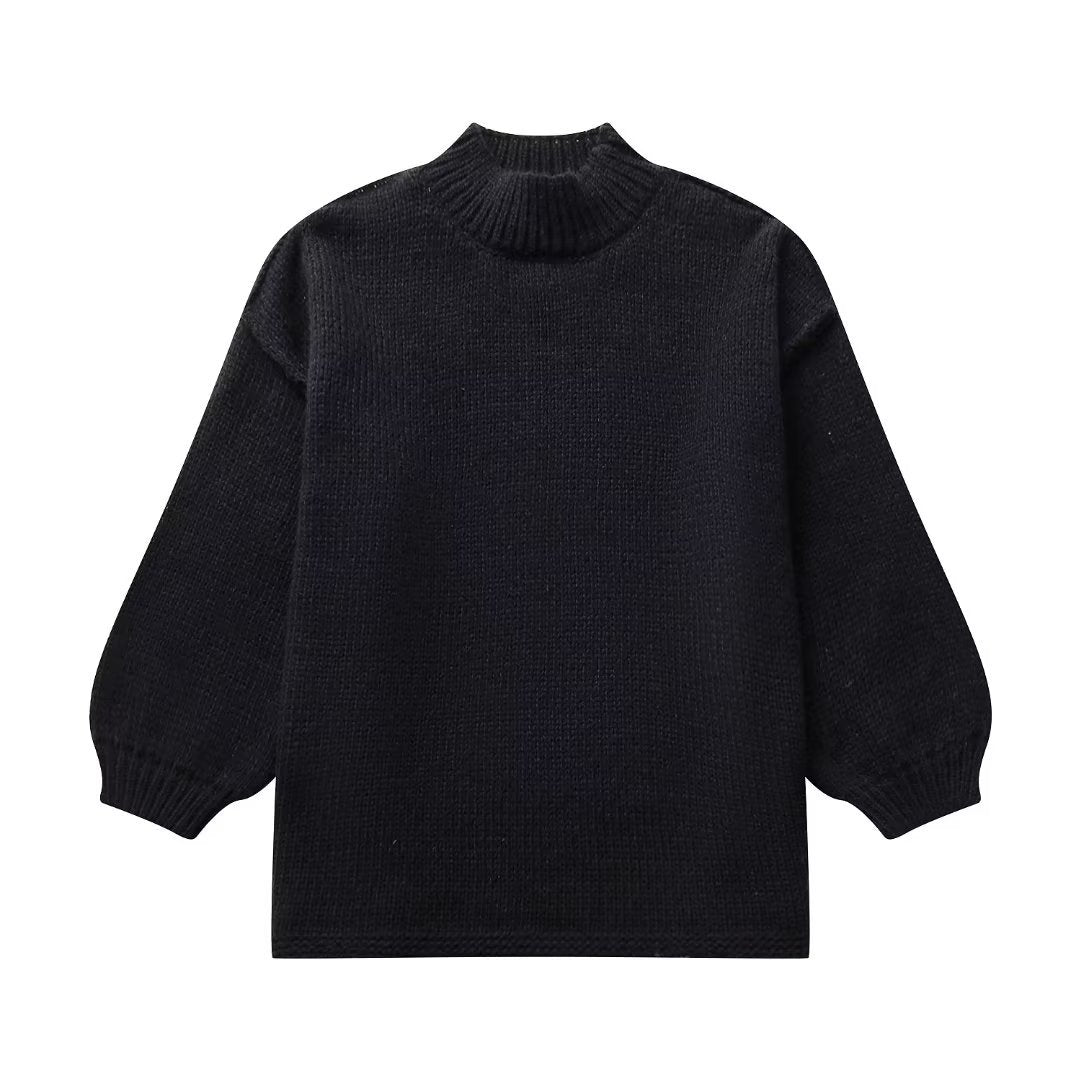 Damen Grobstrick-Pullover mit Stehkragen, überschnittenen Schultern und Ballonärmeln Drune