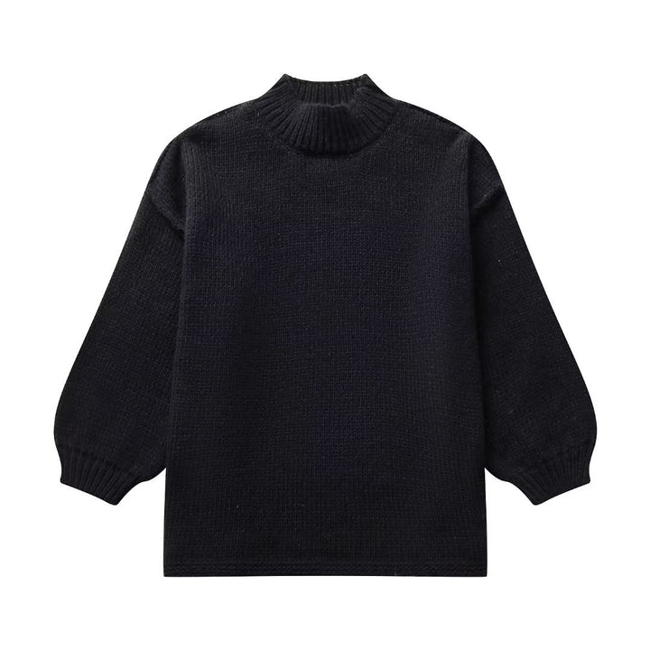 Damen Grobstrick-Pullover mit Stehkragen, überschnittenen Schultern und Ballonärmeln Drune