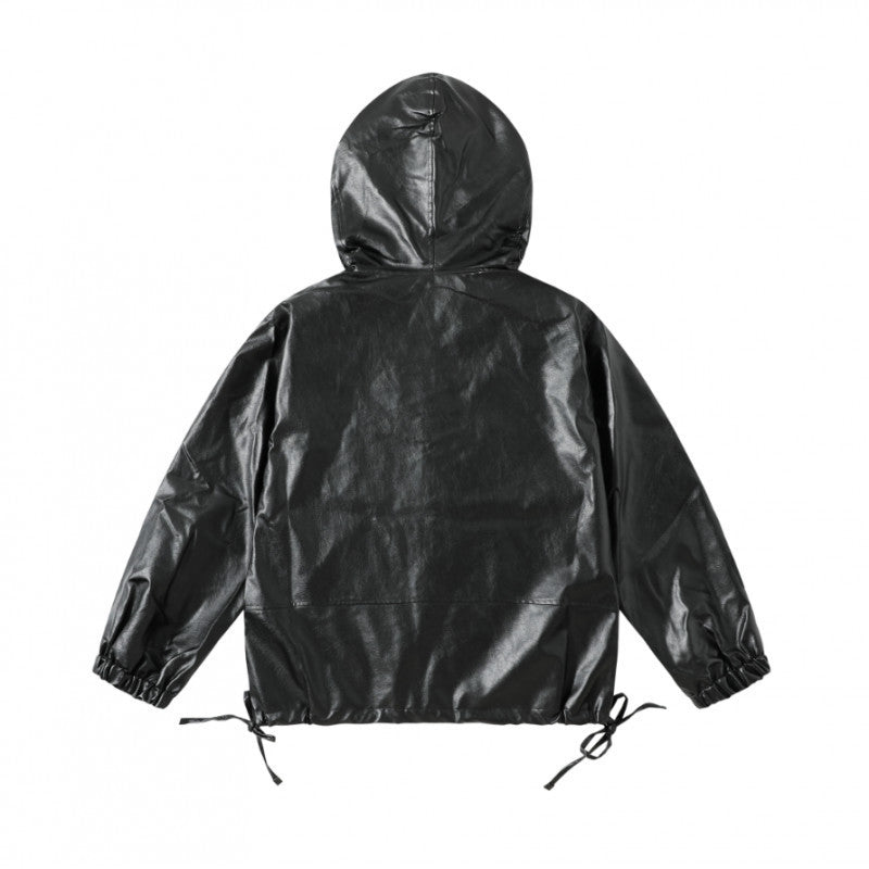 [Unisex Kapuzen-Boxy-Jacke im Lederlook mit Tunnelzug und Pattentaschen Drune]