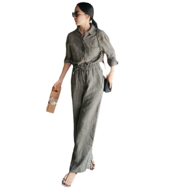 Damen Leinen‑Overall mit Hemdkragen, Kordel­taillenbund und Eingrifftaschen Drune