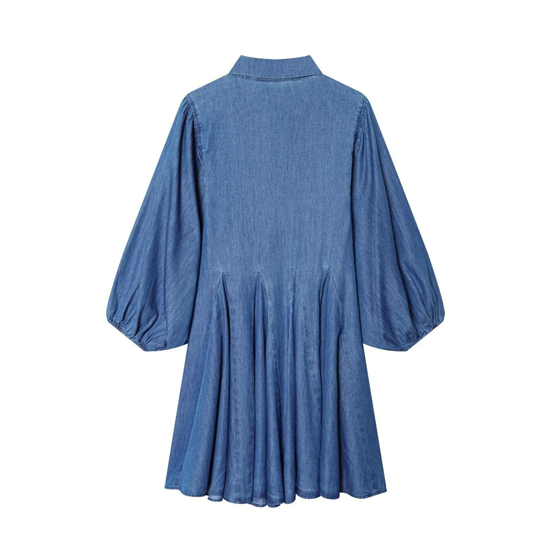 Damen Knielanges Hemdblusenkleid aus Denim mit Ballonärmeln und Faltenrock Drune