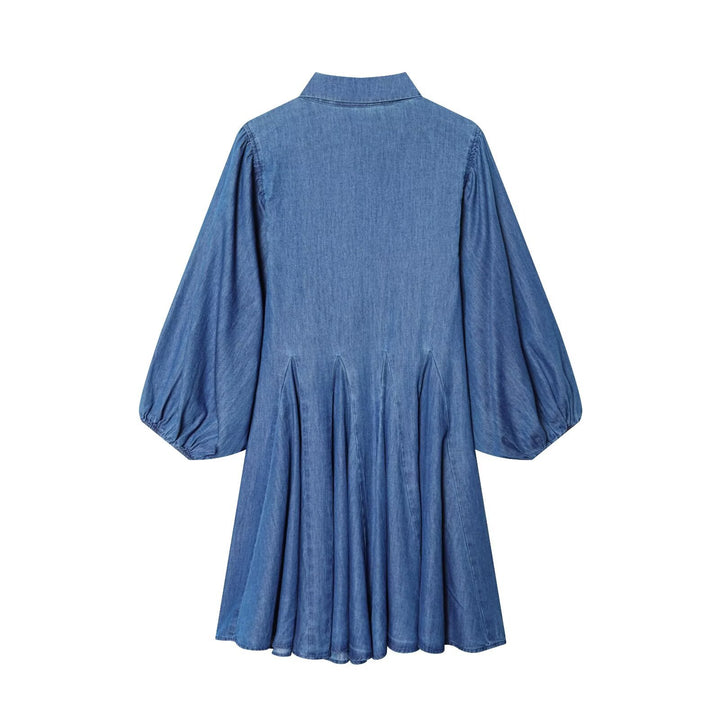 Damen Knielanges Hemdblusenkleid aus Denim mit Ballonärmeln und Faltenrock Drune