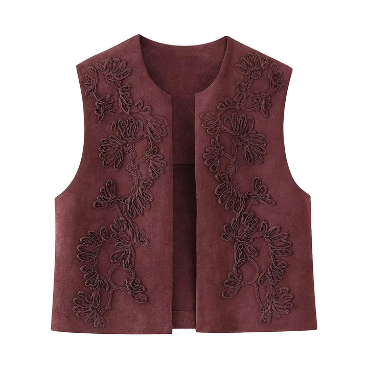 Damen nan bestickte Wildlederweste mit offenem Schnitt, floraler Applikation und taillierter Silhouette Drune