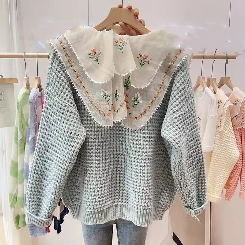 Damen gestickterCardigan mit weit geschnittenem Kragen Drune