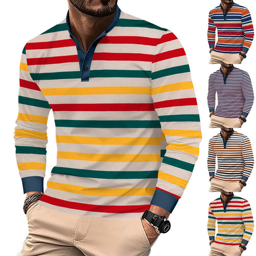 Herren nan gestreiftes Langarm-Henleyshirt mit Stehkragen, schmaler Passform und elastischem Baumwollmix Drune
