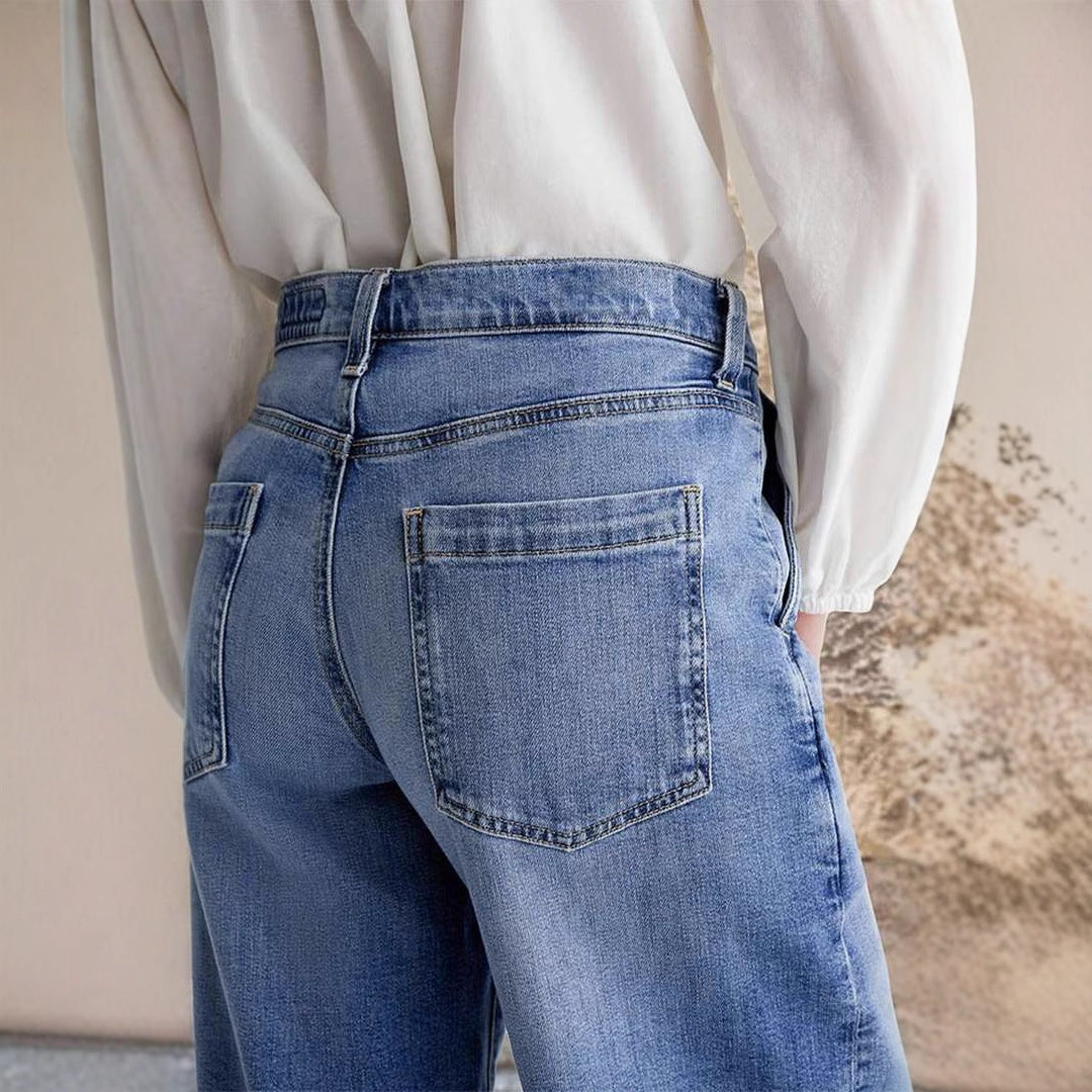 Damen weit geschnittene Jeanshose mit hohem Bund und eleganten Nähdetails Drune