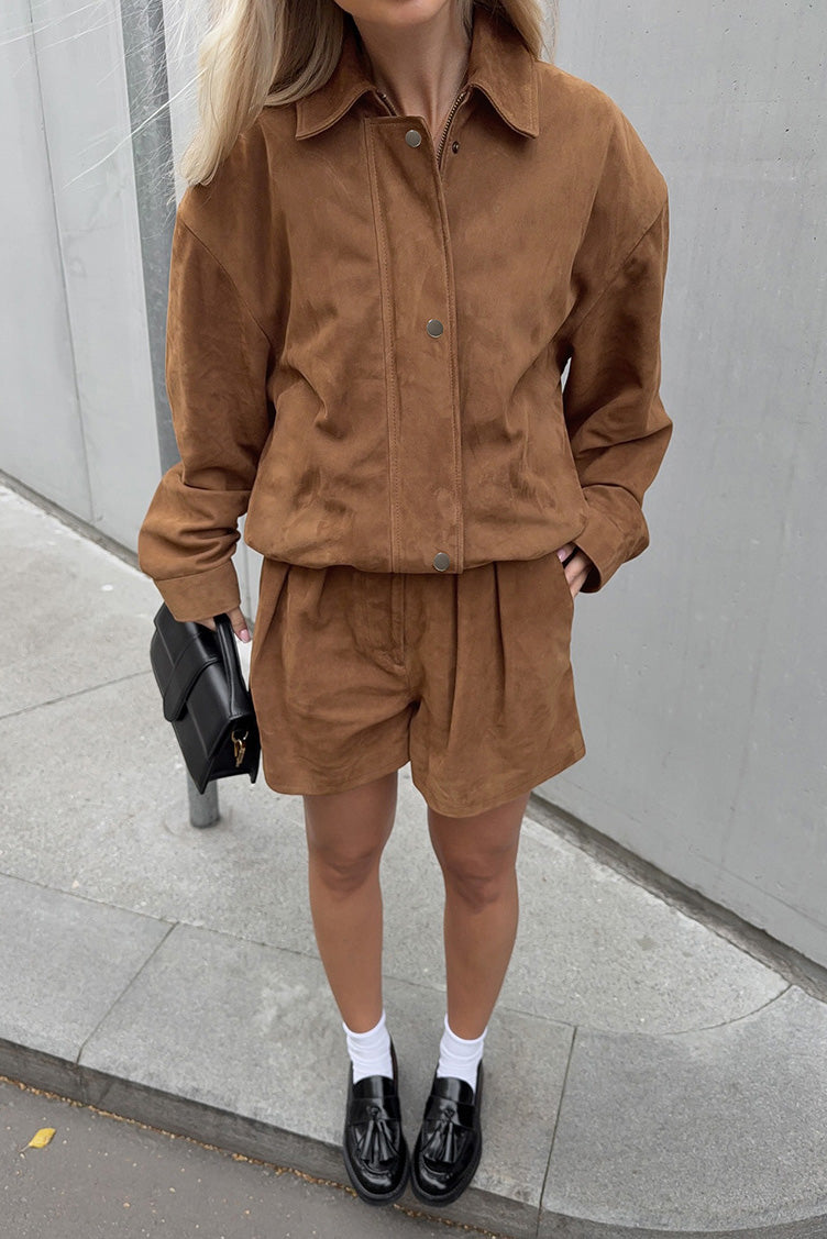 Drune | Lockere Braune Wildlederreversjacke und Shorts Zweiteiler Satz