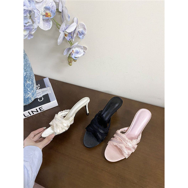 Damen elegante Mules mit Spitzenakzenten Drune