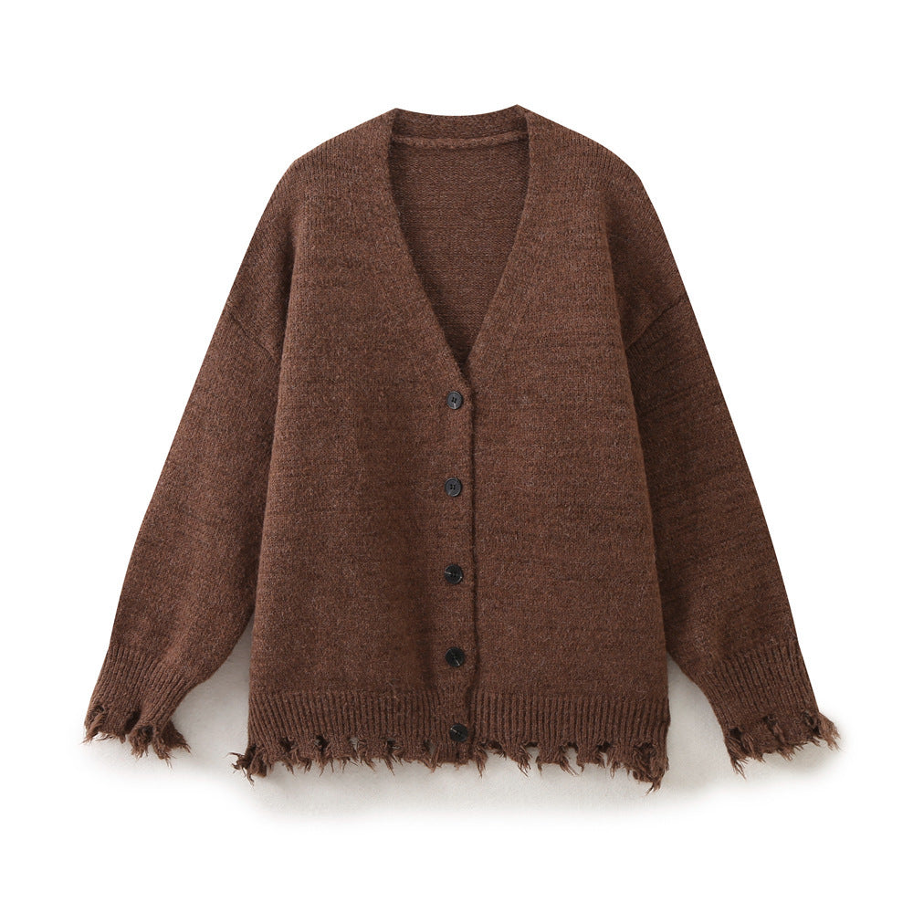 Damen lässige Strickjacke mit fransigem Saum und knöpfbarem Verschluss Drune