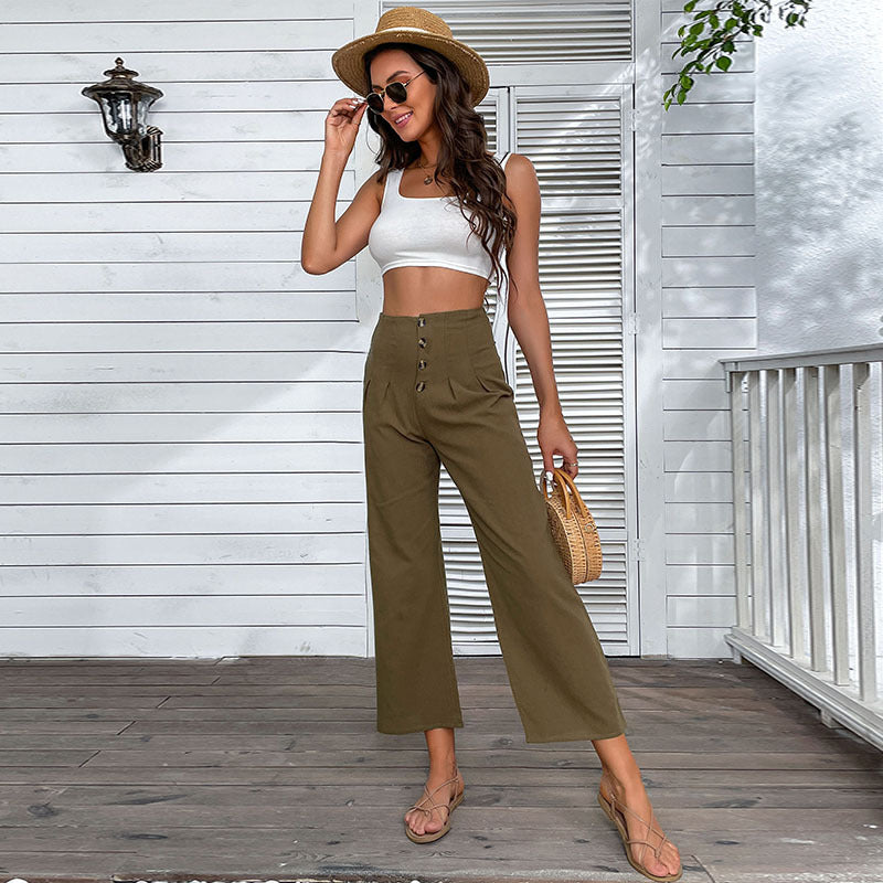 Damen Hochwaisted Hosen mit Knopfdetail und Faltenwurf Drune