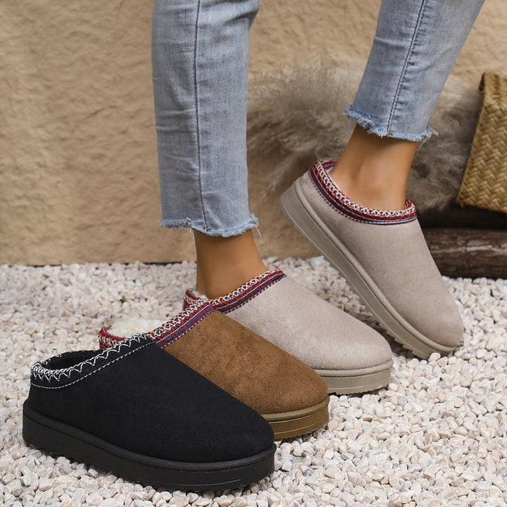 Damen Gefütterte Velours‑Slipper mit gestricktem Schaftbund und profilierter Plateausohle Drune