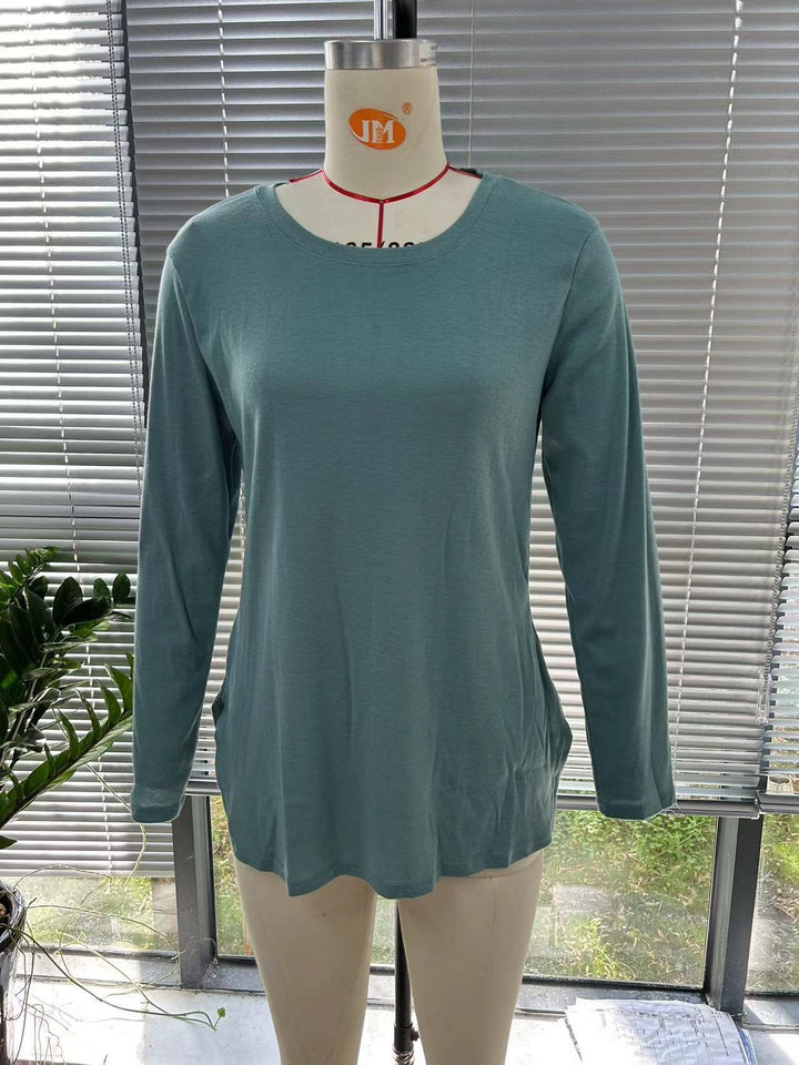 Damen Lässiges Longsleeve-Tunikaoberteil mit Rundhalsausschnitt, Seitenschlitzen und Aquarell-Blattprint Drune