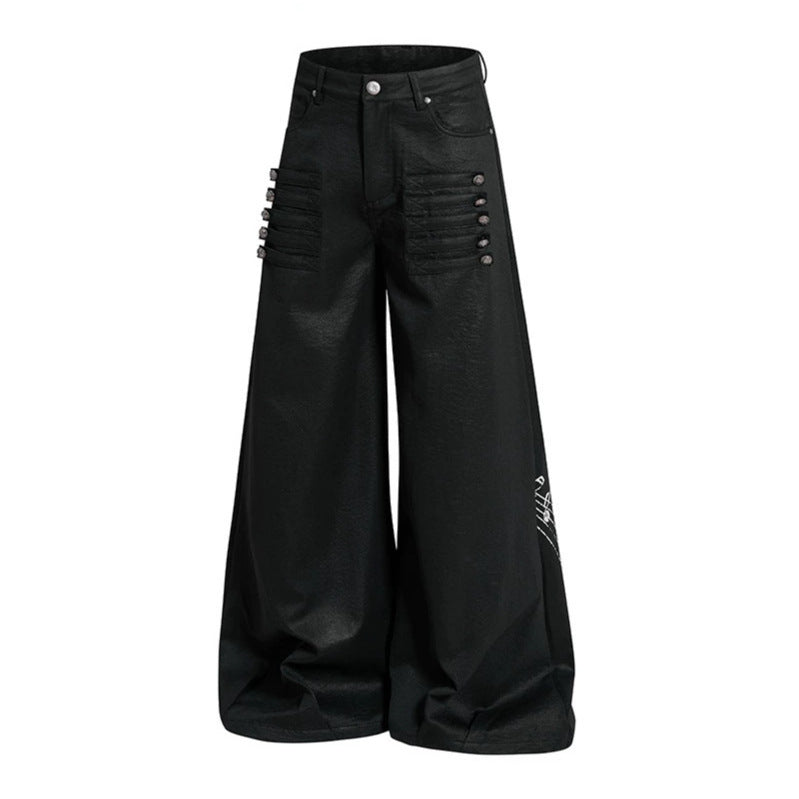 Damen Weite hochgeschnittene Palazzo-Hose mit beschichteter Lederoptik, extra weitem Bein und Statement-Print Drune