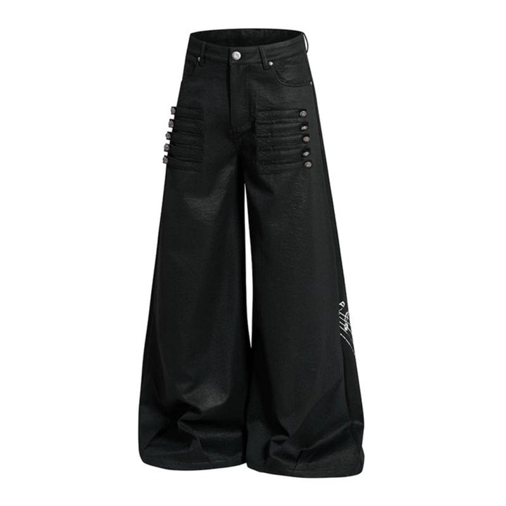 Damen Weite hochgeschnittene Palazzo-Hose mit beschichteter Lederoptik, extra weitem Bein und Statement-Print Drune