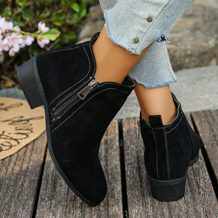Damen elegante Ankle-Boots aus Velourslederimitat mit seitlichem Reißverschluss und niedrigem Blockabsatz Drune