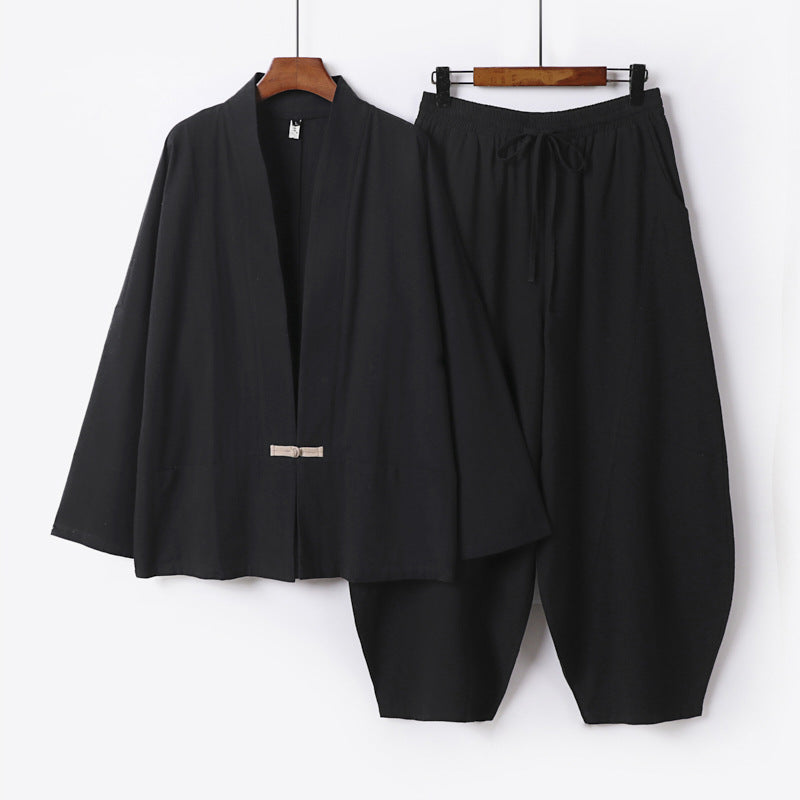 Herren Kimono-Loungewear-Set mit kurzem Schalkragen und weiten Harem-Bundhosen Drune