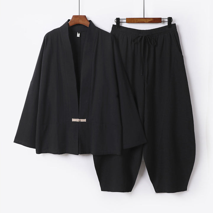 Herren Kimono-Loungewear-Set mit kurzem Schalkragen und weiten Harem-Bundhosen Drune