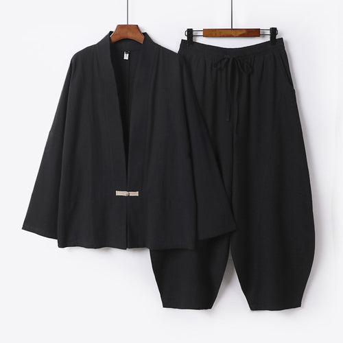 Herren Kimono-Loungewear-Set mit kurzem Schalkragen und weiten Harem-Bundhosen Drune