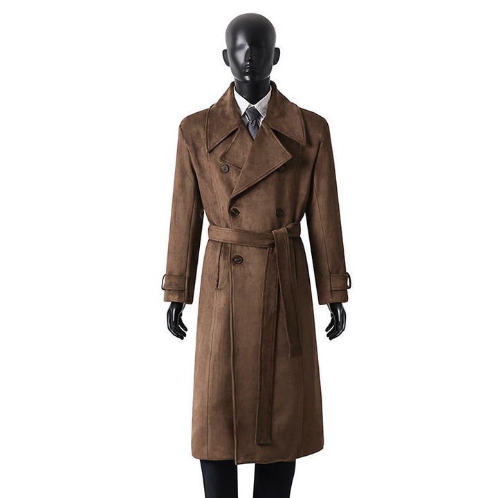 Herren Doppelreihiger Trenchcoat aus Velourslederimitat mit Taillengürtel und weitem Revers Drune