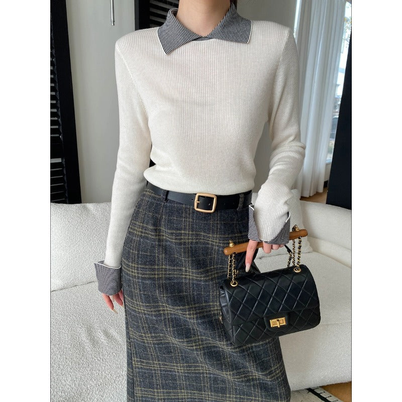 Damen gestreifter Pullover mit klassischem Kragen und eleganter Rippstruktur Drune