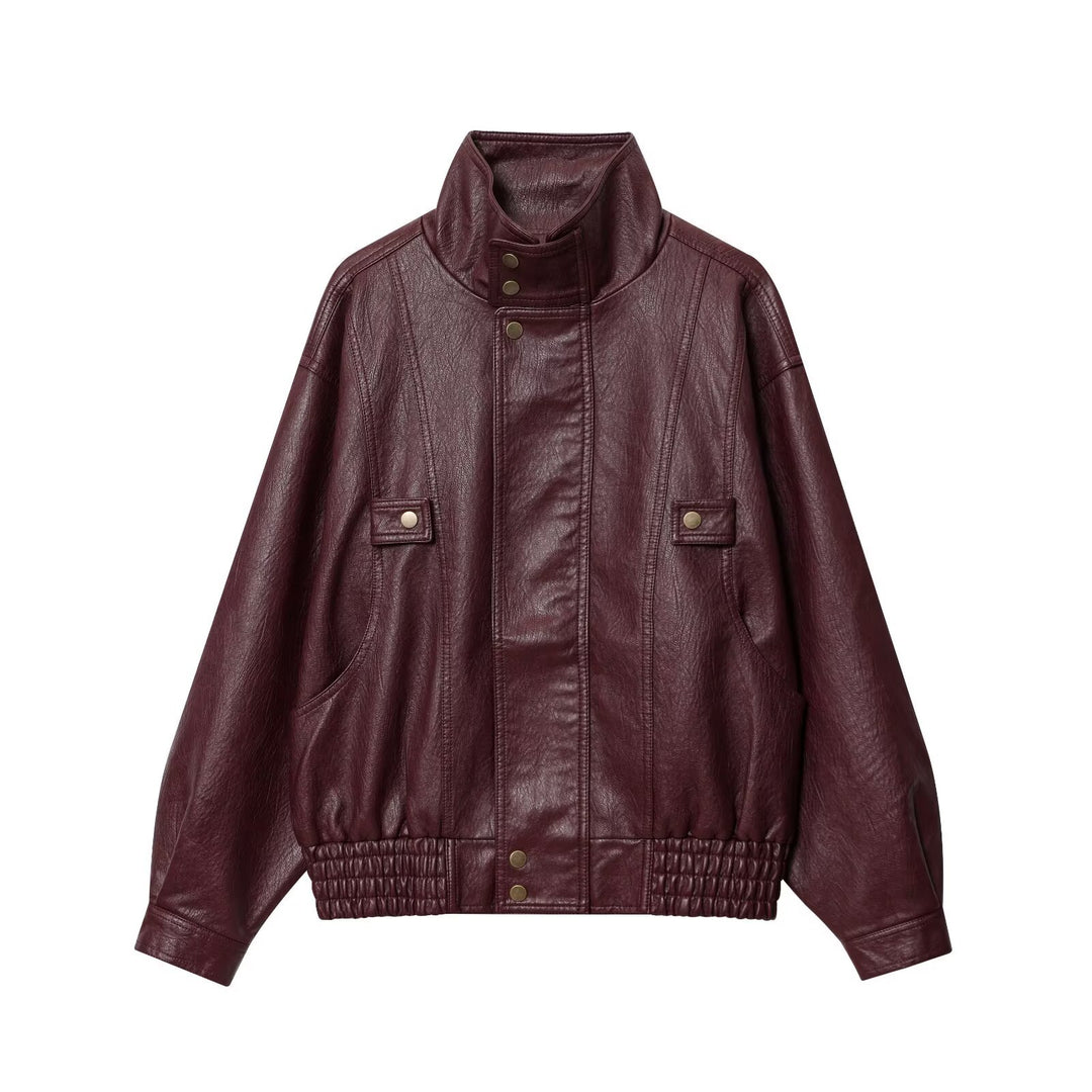 Damen lässige Kunstlederjacke mit hohem Kragen und Weitenregulierung Drune