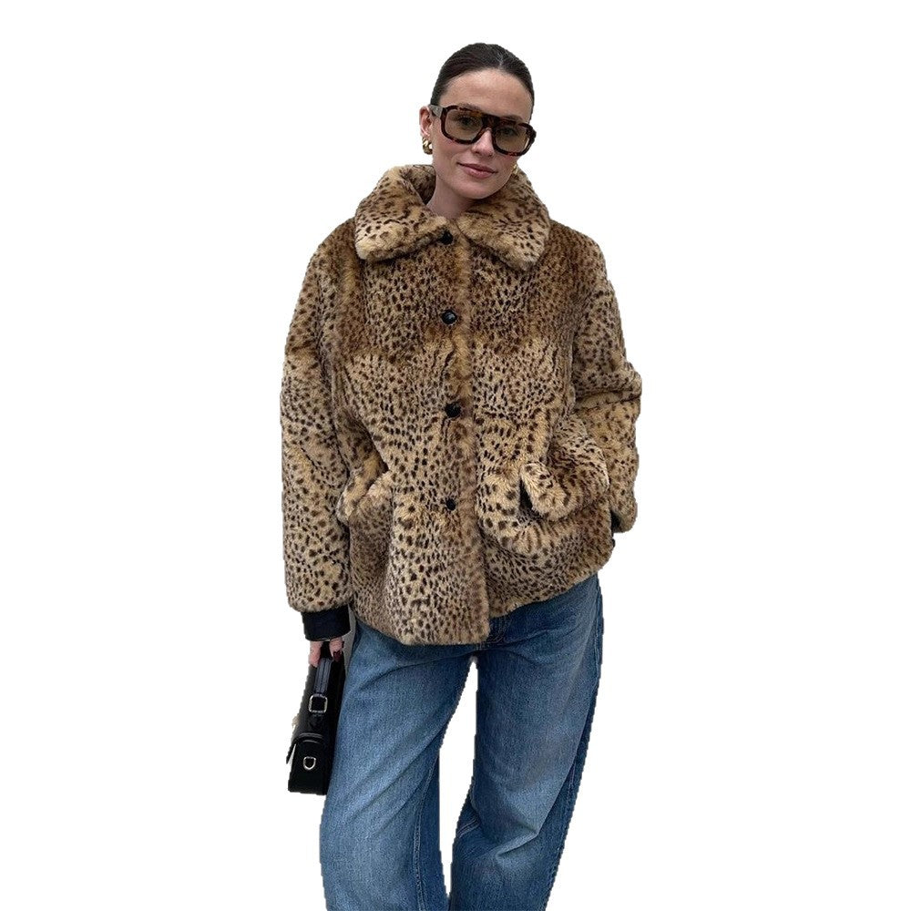 Damen Boxy-Kurzmantel aus Fauxfur mit Allover-Leopardenmuster und umlegbarem Schalkragen Drune