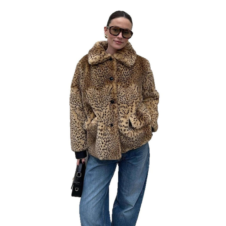 Damen Boxy-Kurzmantel aus Fauxfur mit Allover-Leopardenmuster und umlegbarem Schalkragen Drune