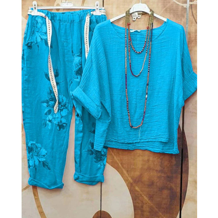 Damen nan leichtes Crinkle-Zweiteiler-Set mit lockerem U-Boot-Top und floral bedruckter Joggerhose Drune